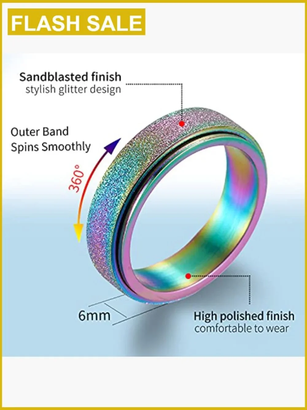 Spinner Anxiety Relief Fidget Ring Set 6mm Titanium Stainless Steel